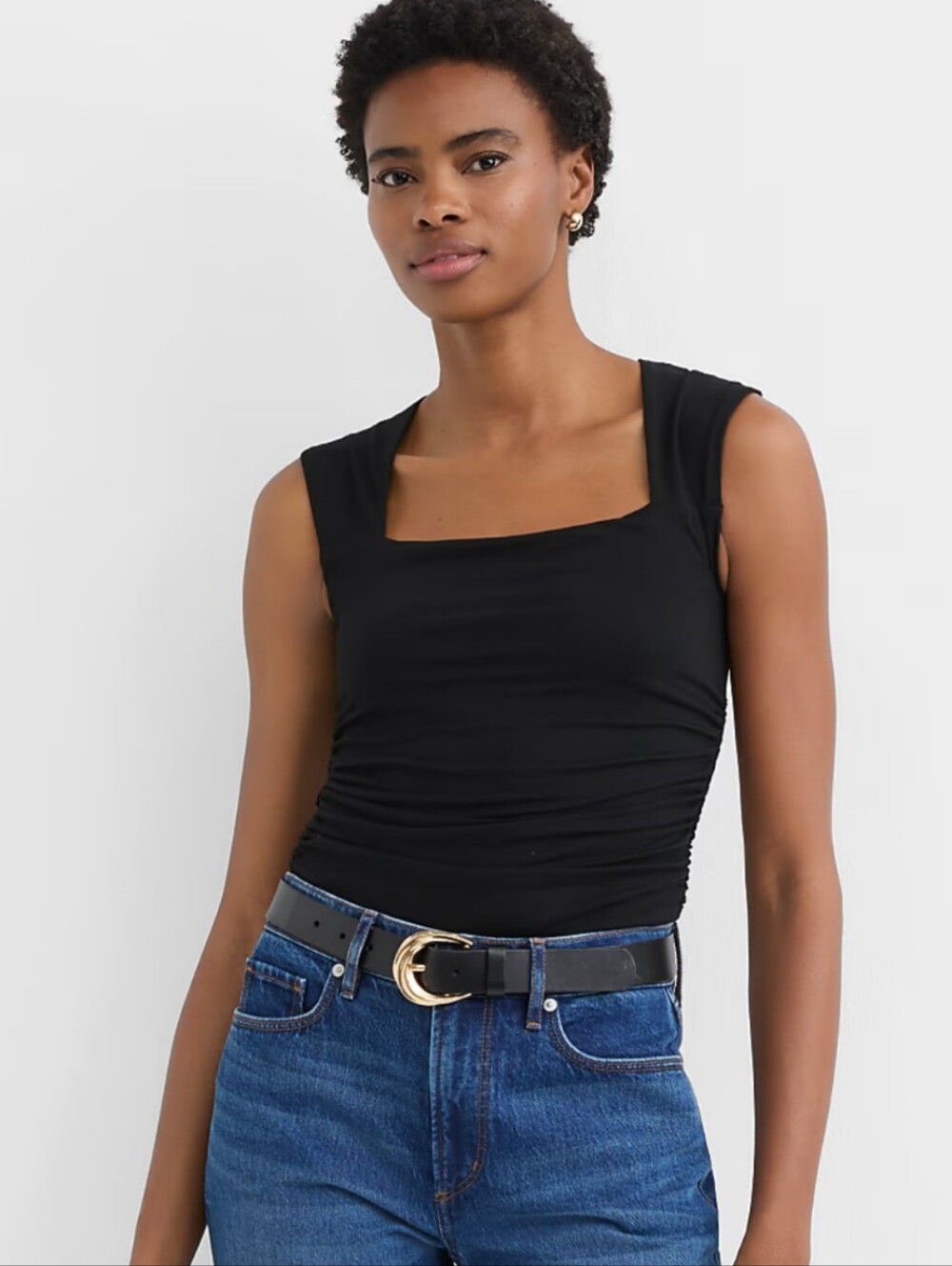 Loft Black Stretchy Ruched Square Neck Semi Cropped Top